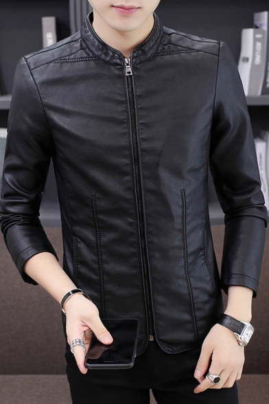 Fashionable Mens Jacket Plain Color PU Leather Zipper up Stand Collar Slim Fit Long Sleeve Casual Jacket
