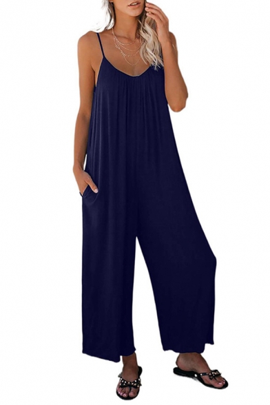 Fashionable Womens Jumpsuit Solid Color Sleeveless Spaghetti Strap Wide Leg Loose Fitted Jumpsuit