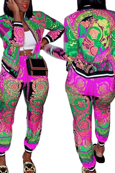 Popular Ladies Co-ords Floral Printed Long Sleeve Zip Up Relaxed Jacket & Pants Set