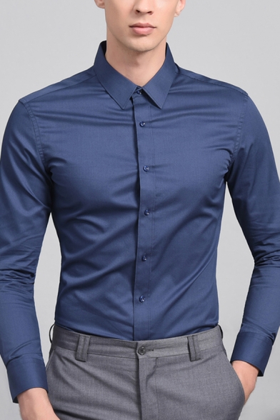 Trendy Guys Shirt Plain Long Sleeve Point Collar Button Up Slim Fit Shirt Top in Dark Blue