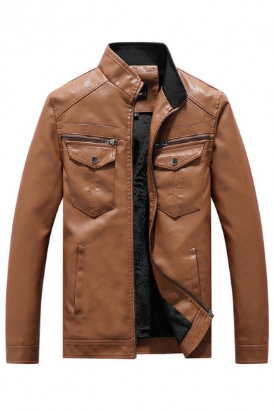 Trendy Mens Jacket Flap Chest Pockets PU Leather Zipper down Stand Collar Long Sleeve Slim Fit Moto Jacket