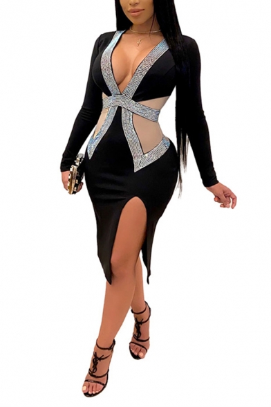 Trendy Womens Dress Rhinestone Mesh Patchwork Split Hem Deep V Neck Midi Slim Long Sleeve Bodycon Dress