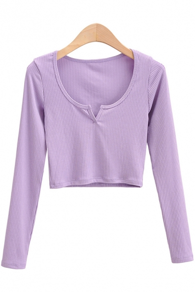 Trendy Womens T-Shirt Plain Color Rib Knit Cropped Slim Fit Split Neck Long Sleeve T-Shirt