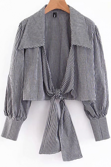 Womens Shirt Stylish Checkered Pattern Tie-Hem Long Lantern Sleeve Turn down Collar Slim Fit Open Front Shirt