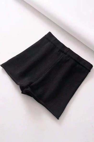 Womens Shorts Stylish Plain Color Elastic High Rise Rolled-Hem Knitted Shorts