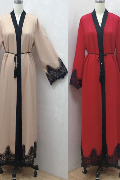 Casual Womens Dress Contrasted Long Sleeve V-neck Tied Waist Maxi A-line Dress