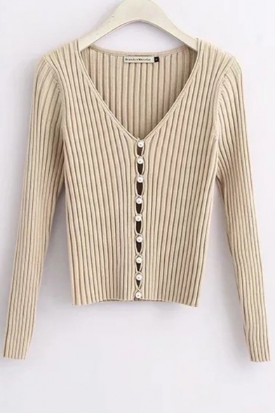 Chic Womens Cardigan Solid Color Pearl Button Long Sleeve Slim Fit Deep V Neck Cardigan