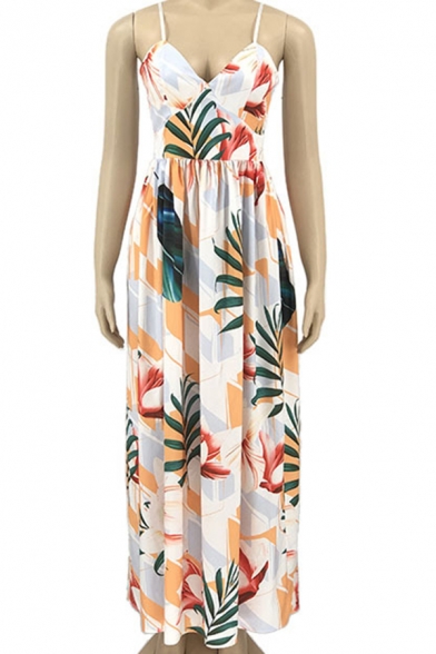 Classic Womens Beach Dress Tropical Plant Pattern Deep V Neck A-Line Slim Maxi Slip Dress