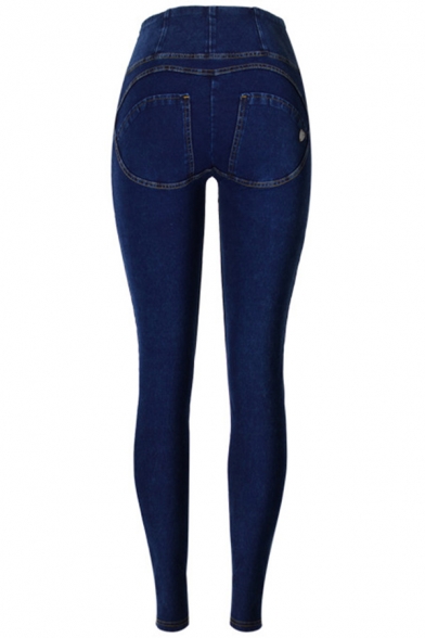 Edgy Girls Jeans Solid Color High Waist Zip Up Ankle Skinny Jeans in Dark Blue