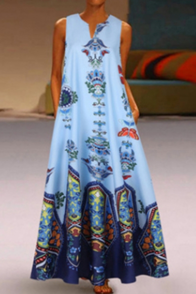 Ethnic Womens Dress Flower Printed Sleeveless V-neck Maxi Oversize Tank Dress