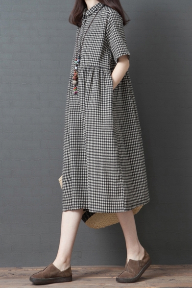 Fashion Womens Dress Checkered Print Half Sleeve Collarless Button Up Mid Swing Shirt Dress