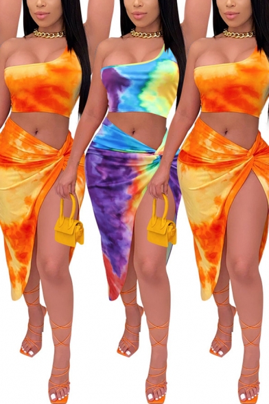 Fashionable Womens Co-ords Tie Dye Twist Front Midi Slit Skirt Cropped One-Strap Tank Top Set