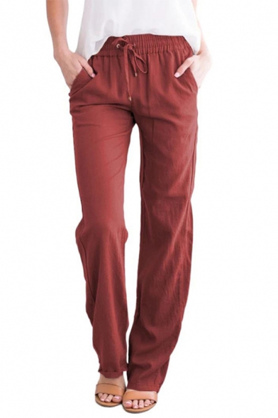 Leisure Womens Pants Solid Color Drawstring Waist Long Length Straight Pants