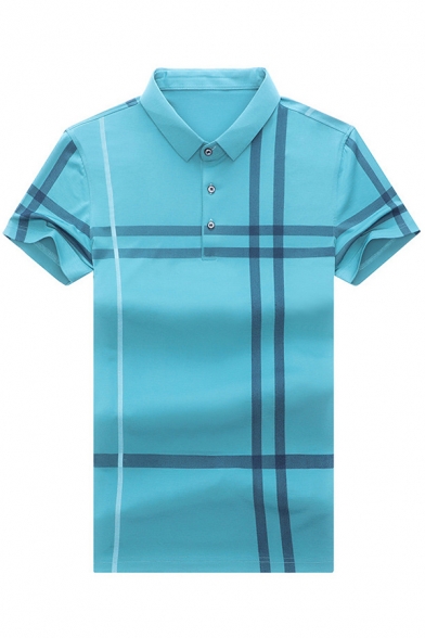 Mens Formal Polo Shirt Striped Print Short Sleeve Spread Collar Button Up Slim Fit Polo Shirt