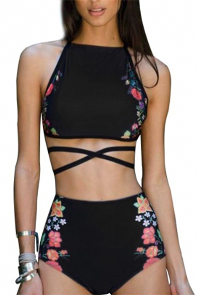 New Arrival Sexy Halter Neck Sleeveless Floral Printed Swimwear