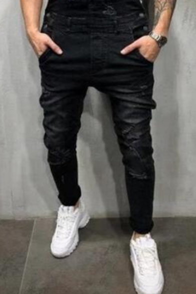 Popular Guys Jeans Ripped Bleach Ankle Length Skinny Suspender Jeans