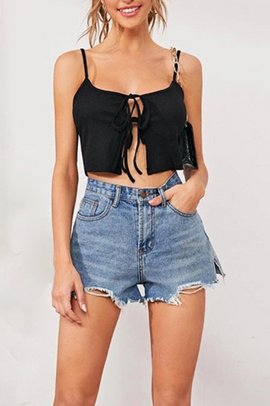 Sexy Womens Cami Solid Color Spaghetti Straps Tied Front Fit Crop Cami Top in Black