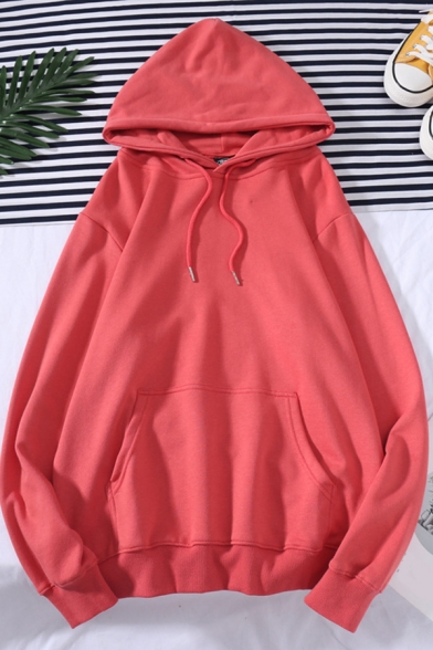 Trendy Guys Hoodie Solid Color Pouch Pocket Long Sleeve Relaxed Hoodie