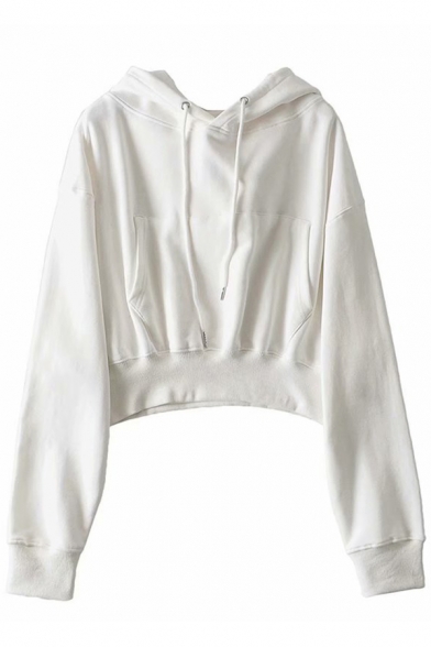 Trendy Womens Hoodie Plain Color Waist-Control Kanga Pocket Drawstring Cropped Long Sleeve Oversize Hoodie