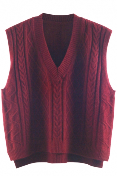 Trendy Womens Sweater Vest Plain Color Cable Knit Loose Fit V Neck Sleeveless Sweater Vest