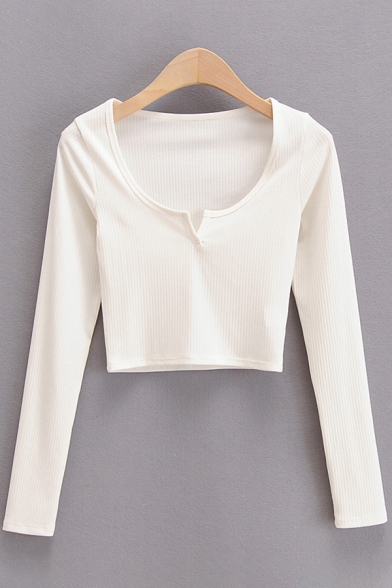 Trendy Womens T-Shirt Plain Color Rib Knit Cropped Slim Fit Split Neck Long Sleeve T-Shirt