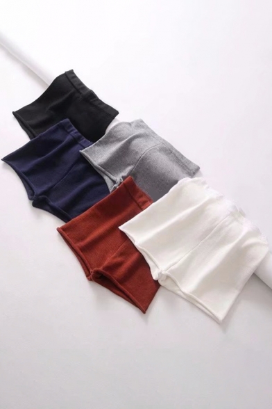 Womens Shorts Stylish Plain Color Elastic High Rise Rolled-Hem Knitted Shorts
