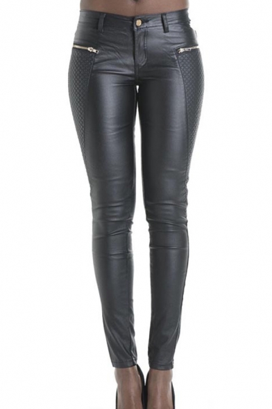 Black Cool Pants PU Leather Mid Waist Ankle Length Skinny Pants for Girls