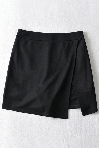 Chic Womens Skirt Plain Color High Waist Split Hem Anti-Emptied Mini Bodycon Skirt