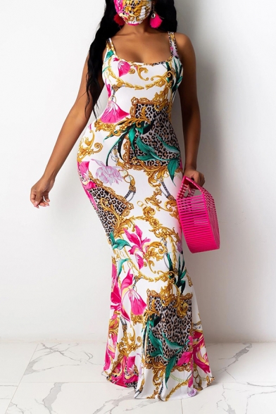 Fashionable Womens Dress Floral Vine Leopard Skin Pattern Sleeveless Scoop Neck Strap Floor Length Bodycon Dress