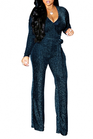 Fashionable Womens Jumpsuit Tinsel Tie-Waist Deep V Neck Slim Fitted Long Sleeve Jumpsuit