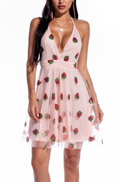Gorgeous Womens Dress Strawberry Sequins Halter Deep V-neck Short Pleated A-line Dress in Pink