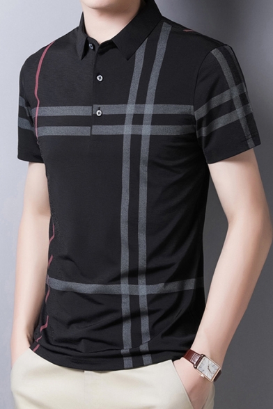 Mens Formal Polo Shirt Striped Print Short Sleeve Spread Collar Button Up Slim Fit Polo Shirt