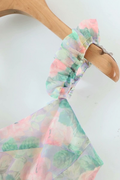 Trendy Womens Dress Floral Pattern Organza Stringy Selvedge Strap High Waist Mini A-Line Dress
