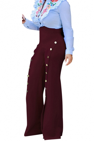Trendy Womens Pants Plain Color Button-Slit High Rise Regular Fit Floor Length Flare Pants