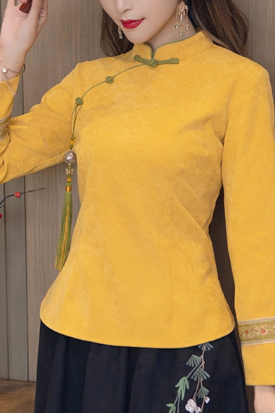 Vintage Ladies Shirt Flower Print Long Sleeve Mandarin Collar Frog Button Regular Fit Shirt Top