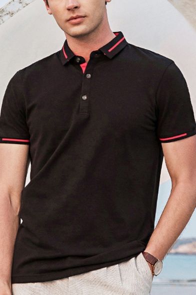 Vintage Mens Polo Shirt Stripe Print Short Sleeve Button Detail Slim Fit Polo Shirt