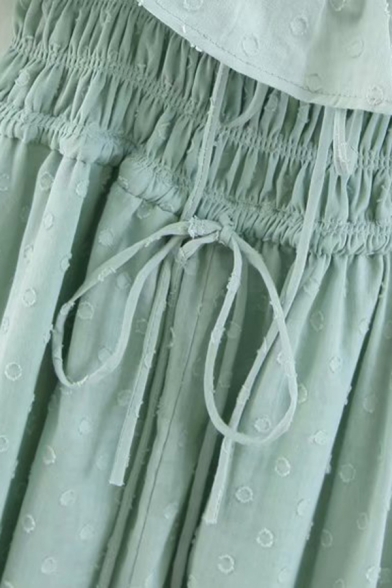 Womens Dress Stylish Plain Color Ruffle Detail Shirred Waist Square Neck Short Sleeve Midi A-Line Dress