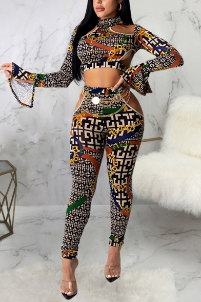 Womens Two Pieces Stylish Allover Print Split Cuffs Cropped Long Sleeve Mock Neck T-Shirt Cut-out Side High Waist Pencil Pants Set