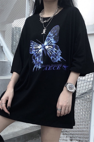Chic Womens Cartoon Butterfly Letter Fun Off Graphic Short Sleeve Crew Neck Loose Fit T Shirt in Black