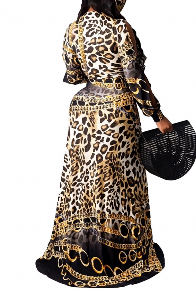 Chic Womens Dress Leopard Skin Chain Pattern Floor Length Long Sleeve Slim Deep V Neck Bodycon Dress