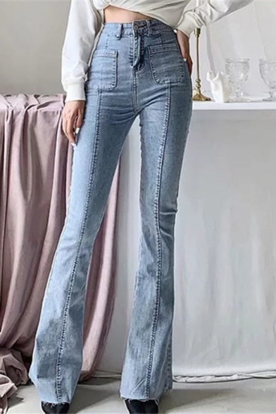 Chic Womens Jeans Faded Wash Center Seam Raw Edge Hem High Rise Zipper Fly Long Flared Jeans