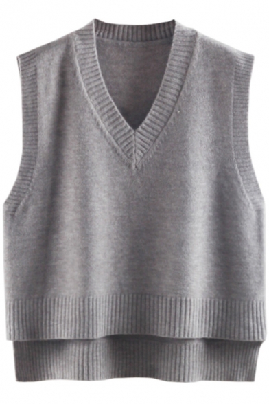 Chic Womens Sweater Vest Solid Color Split Side Rib Trim Relaxed Fit Sleeveless V Neck Sweater Vest