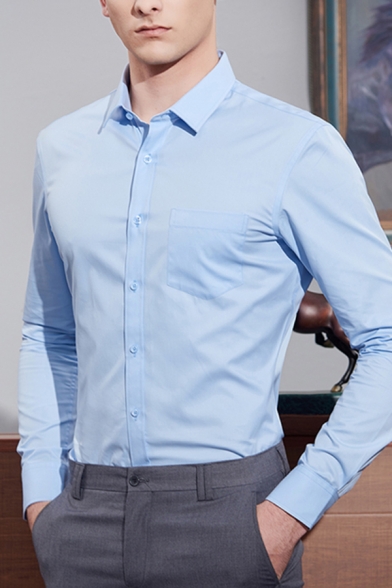 Guys Formal Shirt Plain Long Sleeve Turn Down Collar Button Up Regular Fit Shirt Top