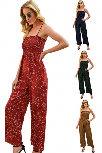 Holiday Womens Jumpsuit Spaghetti Straps Polka Dot Print Long Wide-leg Jumpsuit