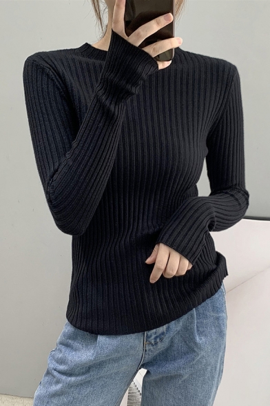 Ladies Edgy Tee Top Solid Color Long Sleeve Crew Neck Slim Fitted Knit T-shirt