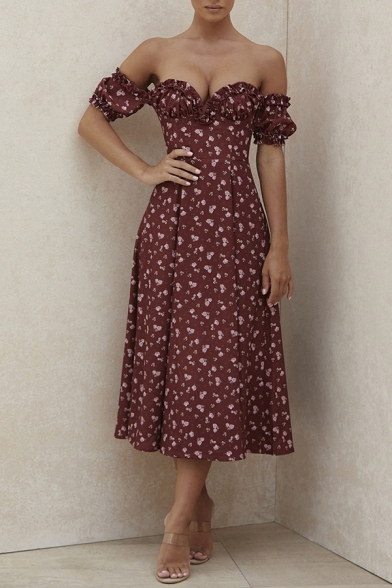 Pretty Girls Dress Ditsy Floral Printed Off the Shoulder Mid A-line Dress in Burgundy