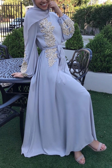 Womens Arabic Dress Applique Decoration Long Sleeve Crew Neck Bow-tied Waist Maxi A-line Dress