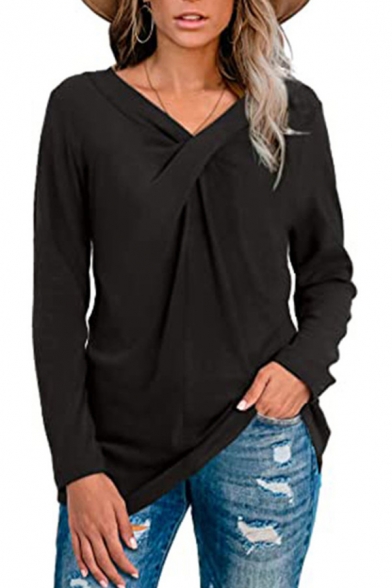 Womens Basic T Shirt Solid Color Long Sleeve Twist Front Relaxed Tee Top