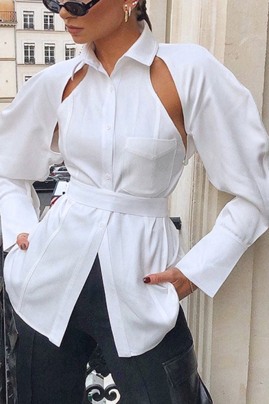 Womens Designer Shirt Long Sleeve Spread Collar Button Up Cut Out Slim Fit Shirt Top in White