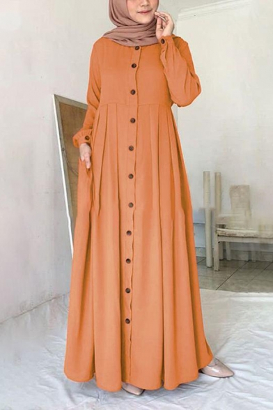 Womens Dress Stylish Plain Color Button up High Waist Maxi Round Neck Long Sleeve Loose Fit A-Line Dress